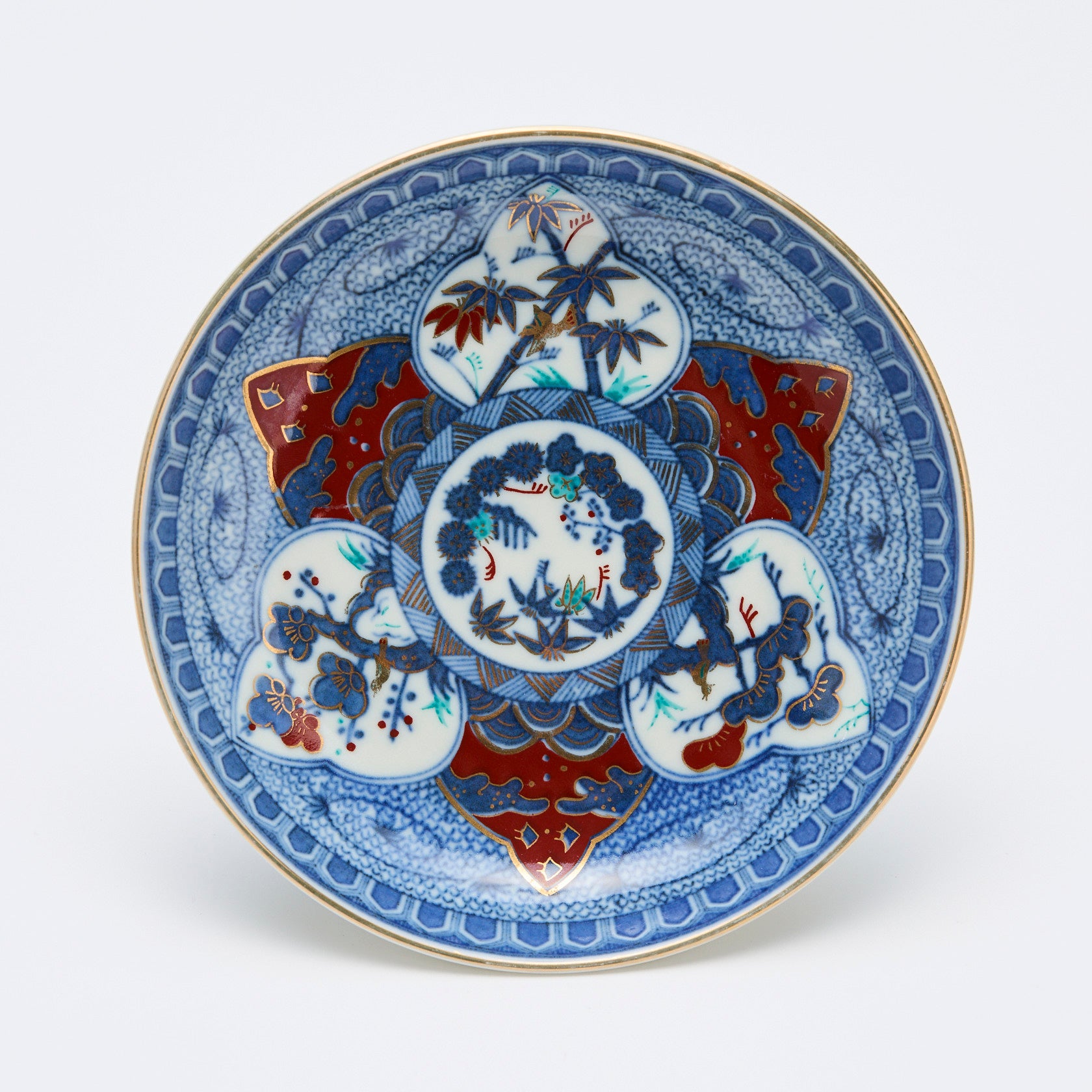 三峰園製 時代薄造 染付 中皿12客 直径12.2cm 西